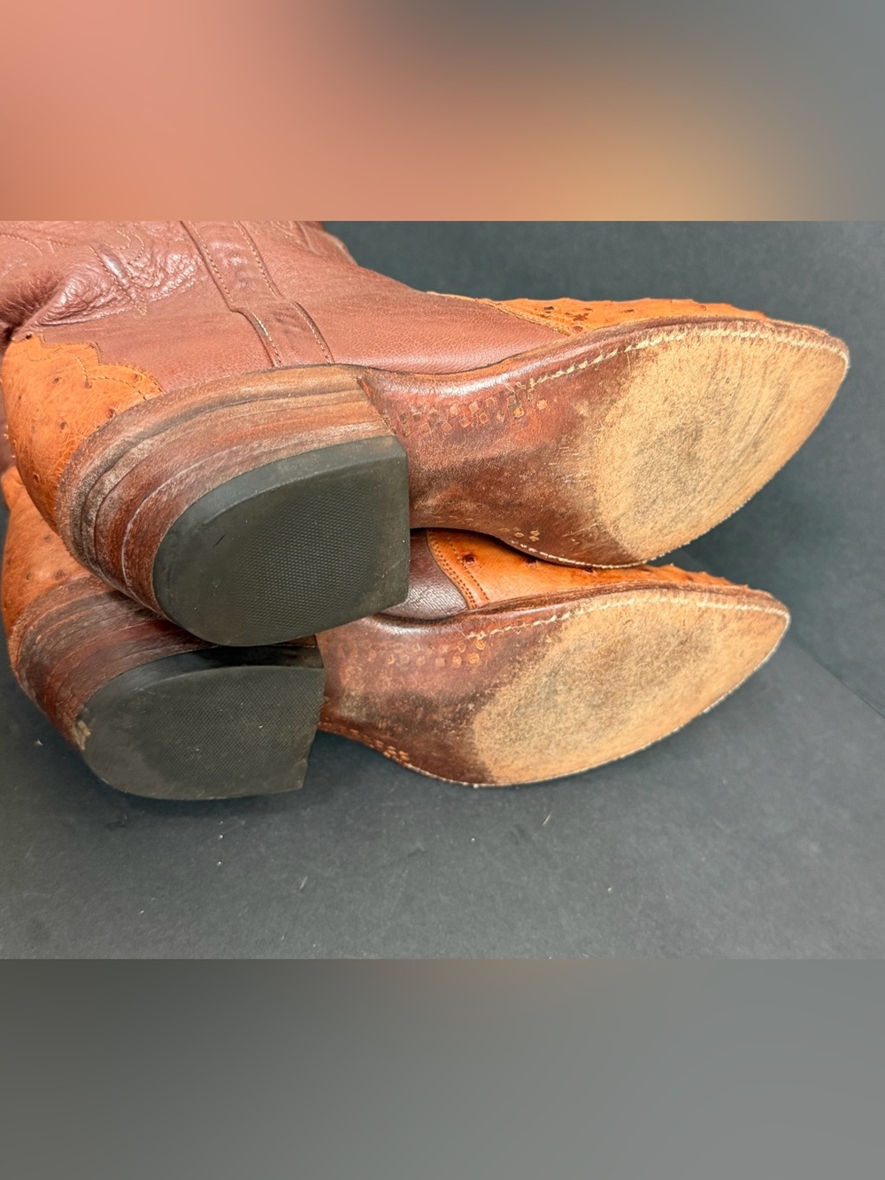 Lucchese Two-Tone Brown and Tan Ostrich-Accent Heeled Boots - Picture 9 of 11